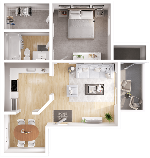 Floor plan for 1 bed, 1 bath, 530 sqft